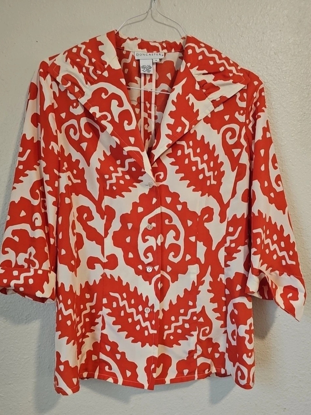 Doncaster Orange and White Bold Printed Button-Down Top, Size 4